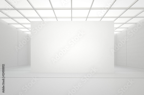 3d illustration. White interior of of not existing building with separate wall, square cellular ceiling and top light in perspective. Symmetrical view, render. Place for text.