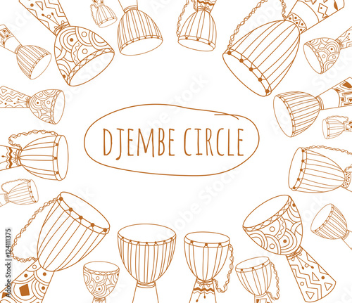 African drums ornament. Sketchy flyer design decorated with ethnic instruments doodles. For percussion school or jam. Text "djembe circle". Vector EPS10 illustration.