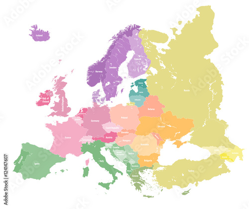 European vector colorful political map. All elements detachable and labeled