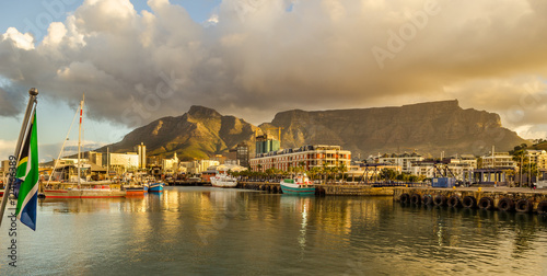 Cape Town Victoria and Alfred Waterfront harbor, Table Mountain sunset, South Africa landscape
