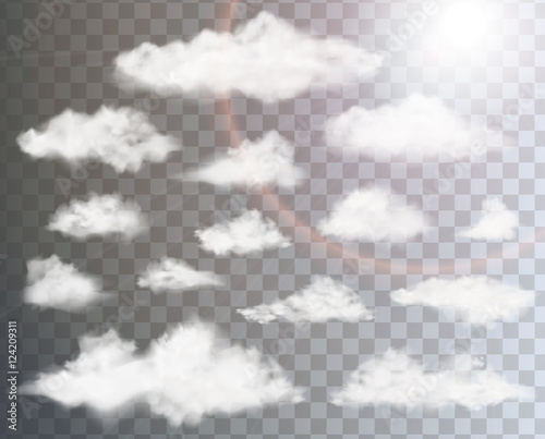 Set of transparent different clouds, isolated on black and white background, sun shine. Realistic clouds collection. Separated editable elements. Vector illustration.