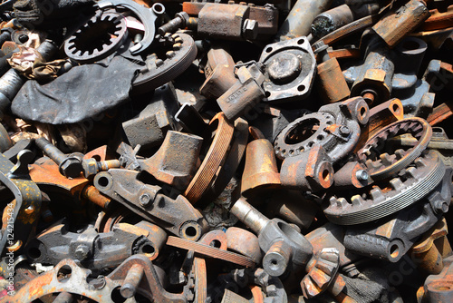Pile of old motor parts scrap metal for recycling