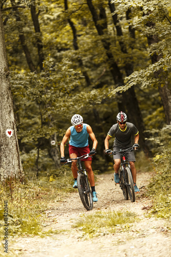 Two mountain bikers riding bike in the forest on dirt road.