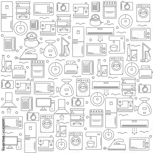 Home appliances. Background with the image of home appliances. White banner for your company or shop . Vector illustration.
