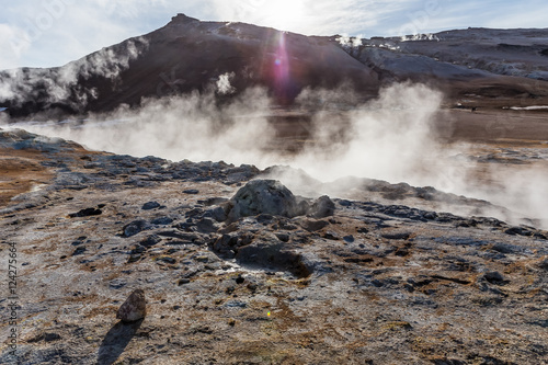 Fumaroles produce hot sulfur vapors in a geothermic area