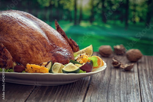 Thanksgiving Turkey dinner - outdoor wooden table