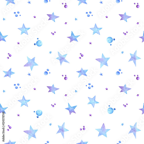Seamless pattern with blue watercolor stars
