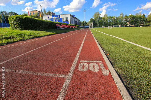 Red race hundred-meter track at the stadium