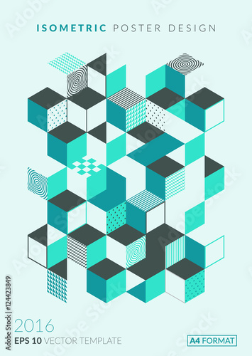 Geometric pattern poster. Trendy Isometric illustration. A4 format template for business card,poster,flyer etc.