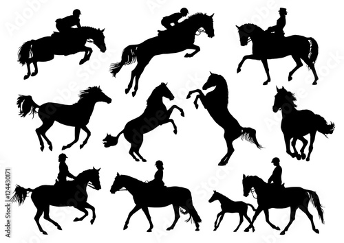 Horse and rider vector silhouettes set