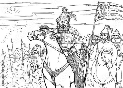 Khan Mongolian nomad on horseback and his horde