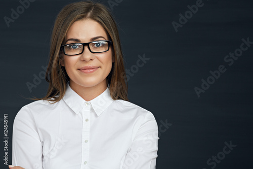 Close up face portrait of smiling business woman wearing eyeglas
