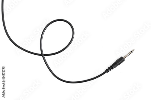 Guitar audio jack with black cable isolated on white background.