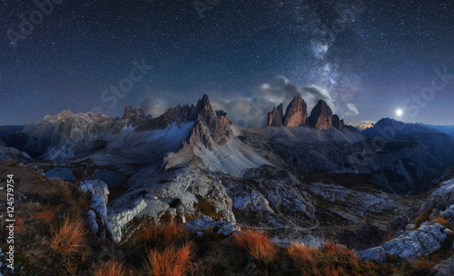 Alps Mountain landscape with night sky and Mliky way, Tre Cime d