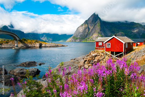 Lofoten islands landscape with tipical red houses, Norway