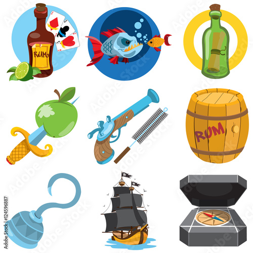 Set pirate things. The ship, rum barrel, pirate hook, dagger, pistol, compass, piranha, a bottle with a message.