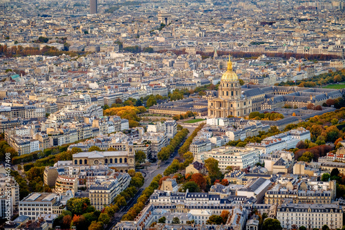 Aerial view of Les Invalides, Paris, France from Tower Montparnasse. Autumn colors at sunset.