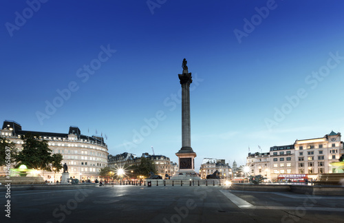 Trafalgar Square with Nelson Column at night, London, UK