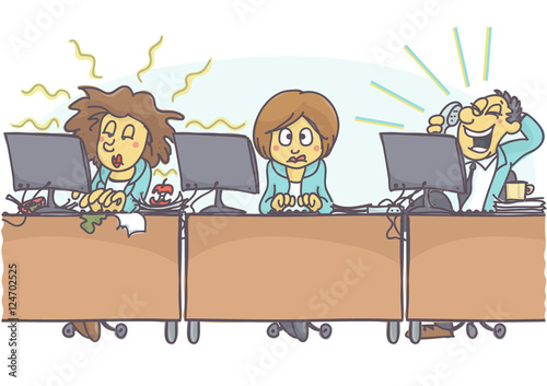 Funny cartoon of woman with bad coworkers at office, one is sloppy and untidy, stinking, and other is loud. Vector cartoon of bad coworker situation at work. Bad behavior at work.