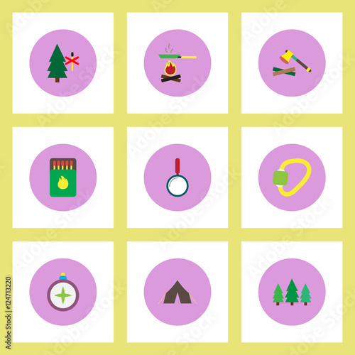 Collection of stylish vector icons in colorful circles Camping equipment