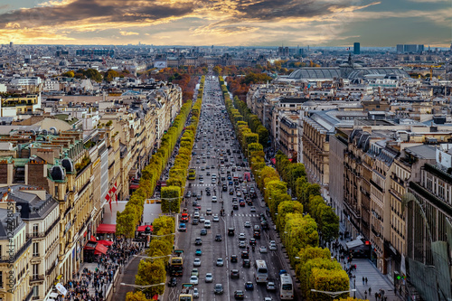 Paris, France aerial view from Triumphal Arch on Champs Elysees