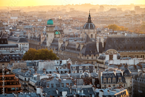 Vintage Paris France shot from Notre-Dame Cathedral with Sorbonne University in the background. Autumn shot.