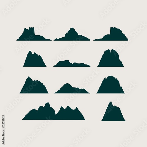 Mountain vector icons set. Set of mountain silhouette elements. Outdoor icon of the mountain tops, decorative symbols isolated. Camping mountain logo, travel labels, climbing or hiking badges.
