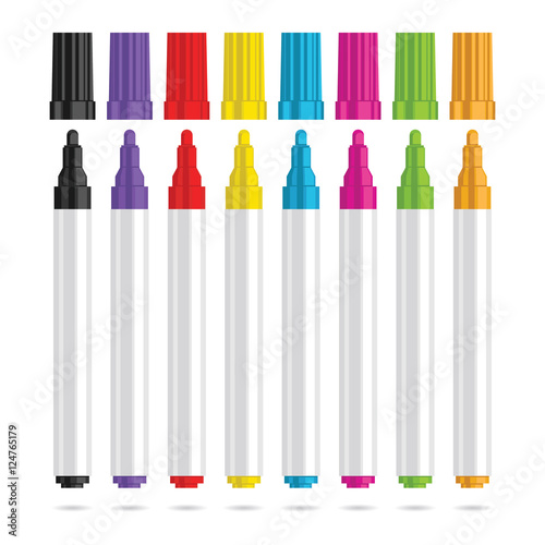 Markers pen. Set of eight color markers. Vector illustration.
