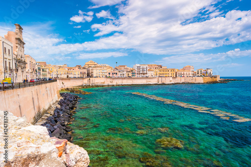 Coast of Ortigia island at city of Syracuse, Sicily, Italy. Beautiful travel photo of Sicily.