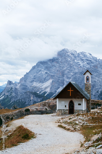 Mountain chapel near Tre Cime di Lavaredo in Dolomites