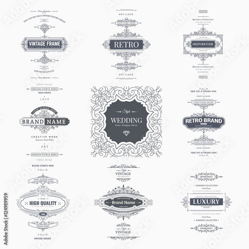 Set of creative vector templates for logos, label or banners on the theme of quality and business in vintage style. Flourishes calligraphic elements. Design frame and page decor