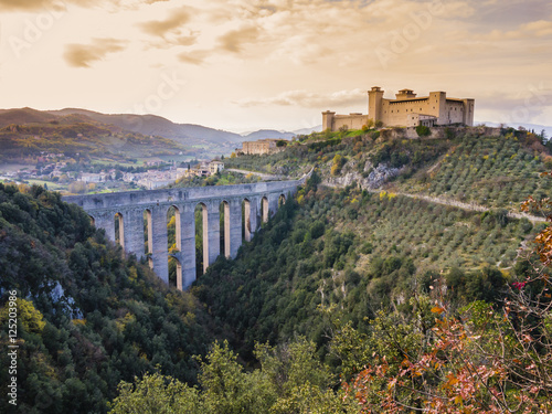 Scenic view of Albornoz medieval castle and Ponte delle Torri, Spoleto, Italy 