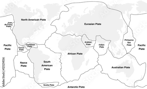 Tectonic plates with names - world map with fault lines of major an minor plates.