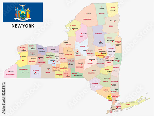 administrative and political map of the US state New York with flag