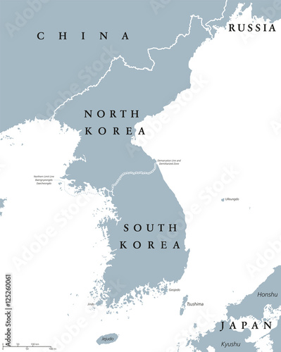 Korean peninsula countries political map with North and South Korea and national borders. Gray illustration with English labeling and scaling on white background.
