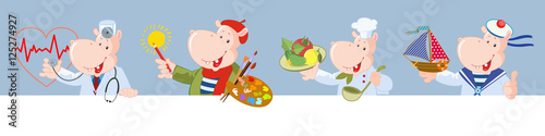 Set of vector characters: happy hippo. Professions: sailor, chef, doctor, artist. Frame for text.
