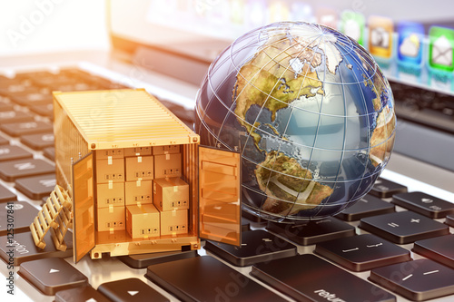 Internet shopping and e-commerce, package delivery concept, global freight transportation business, cargo container with cardboard boxes and Earth globe on laptop