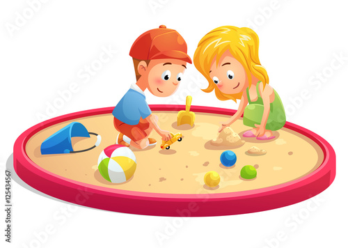 Kids playing in sandbox cartoon style