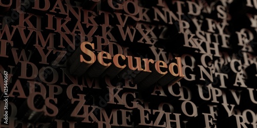 Secured - Wooden 3D rendered letters/message. Can be used for an online banner ad or a print postcard.