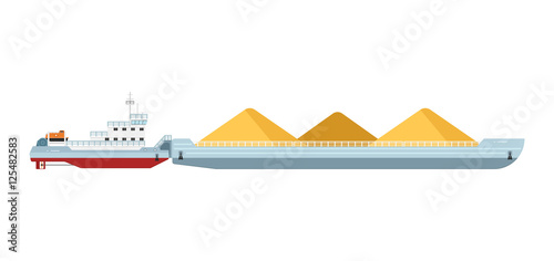 Tug boat moves cargo barge isolated on white background vector illustration. Freight ship side view. Commercial vessel in flat design. Logistics and transportation design element