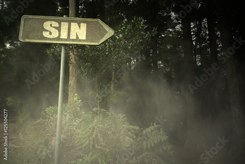 old signboard with text sin near the sinister forest