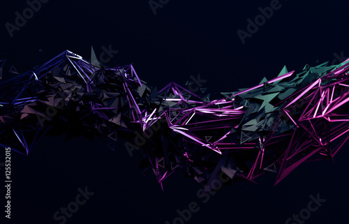 Abstract 3d rendering of chaotic surface. Contemporary background with futuristic polygonal shape. Distorted low poly object with sharp lines.