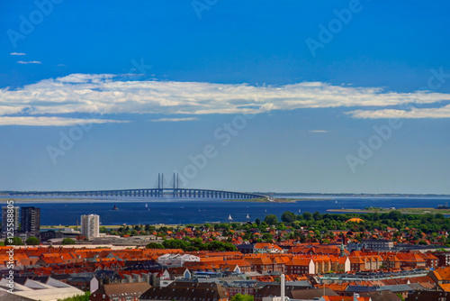 Panoramic aerial cityscape of Copenhagen city and Oresund Bridge , Denmark