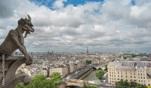Gargoyle overlooking blurred Paris on Notre Dame