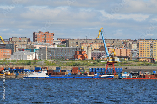 View of the port of Dudinka city on the river Jenisej in Russia 