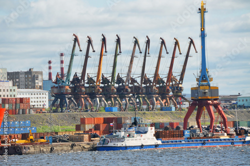 View of the port of Dudinka city on the river Jenisej in Russia 