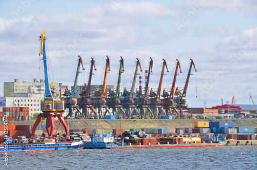 View of the port of Dudinka city on the river Jenisej in Russia 