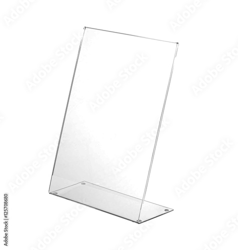 Transparent acrylic table stand display for menu isolated, white background