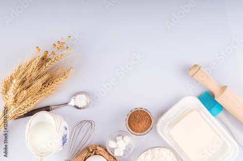 Ingredients for the dough. On a light background.Top view. Flat lay.