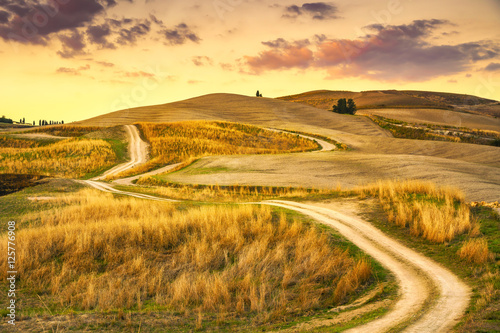 Tuscany landscape, rural road and green field. Volterra Italy